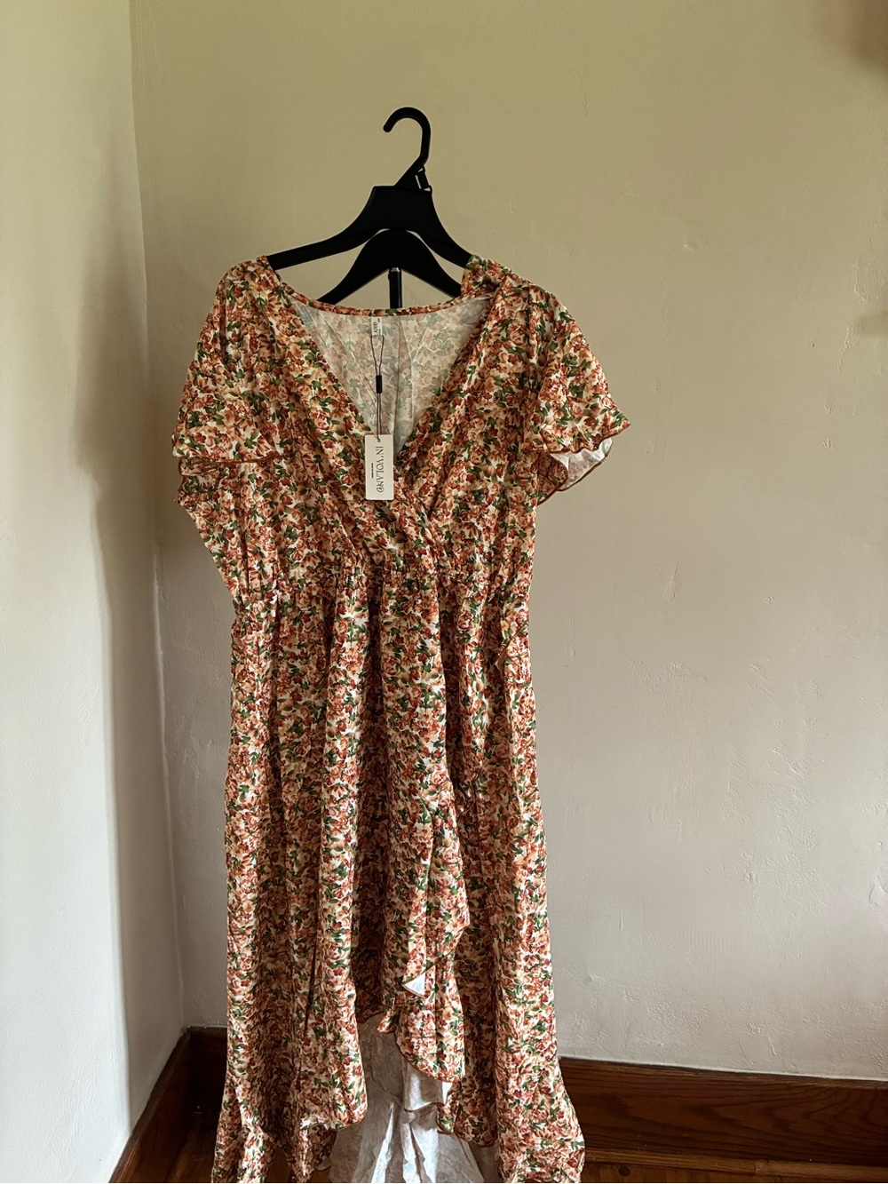 Ruffled High-Low Floral Wrap Dress in Peach and Green